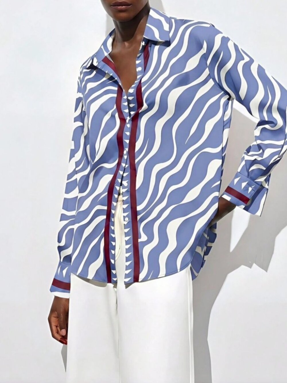 Blue Digital Wavy Print Button-Front Shirt with Burgundy Trim